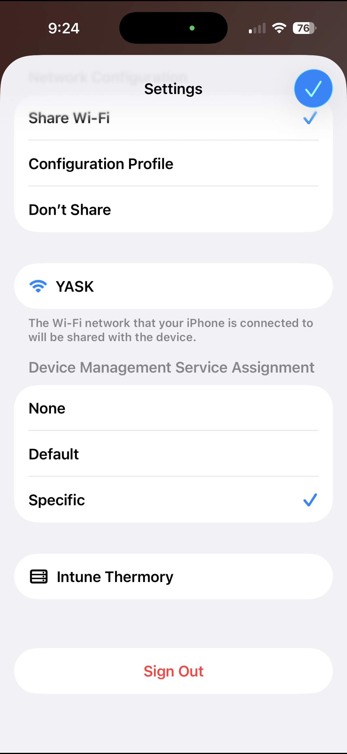 Apple Configurator showing Device Management Service Assignment set to Specific with Intune Thermory selected