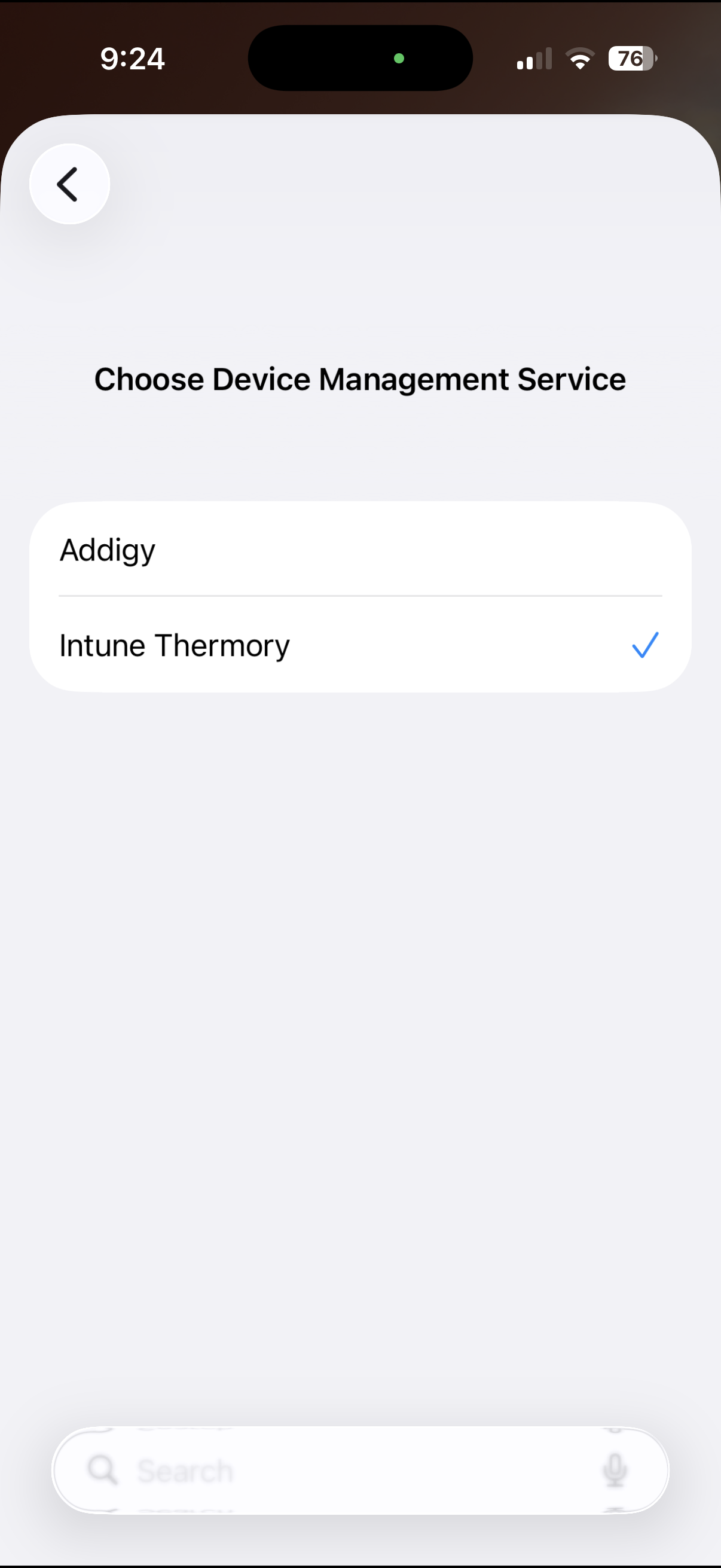 Choose Device Management Service list showing Addigy and Intune Thermory, with Intune Thermory checked
